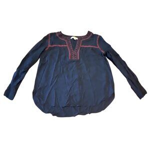 Ann Taylor Loft Navy Peasant Blouse Red‎ Embroidered Details Boho Size small